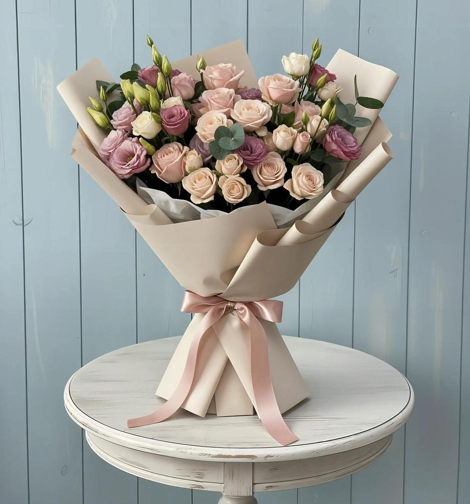 Букет цветов из: Розы и Лизиантусы в Старой Рузе