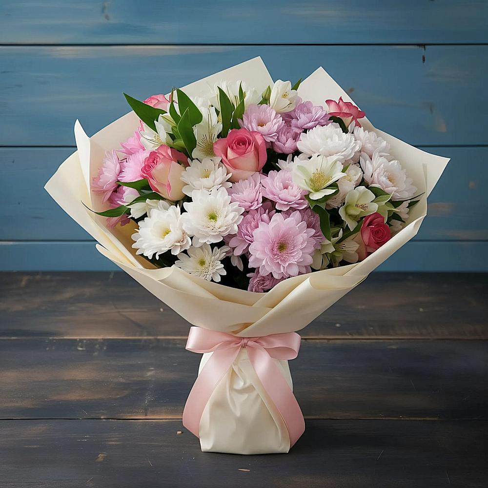 Букет цветов из: Хризантемы, Альстромерии и Розы в Старой Рузе